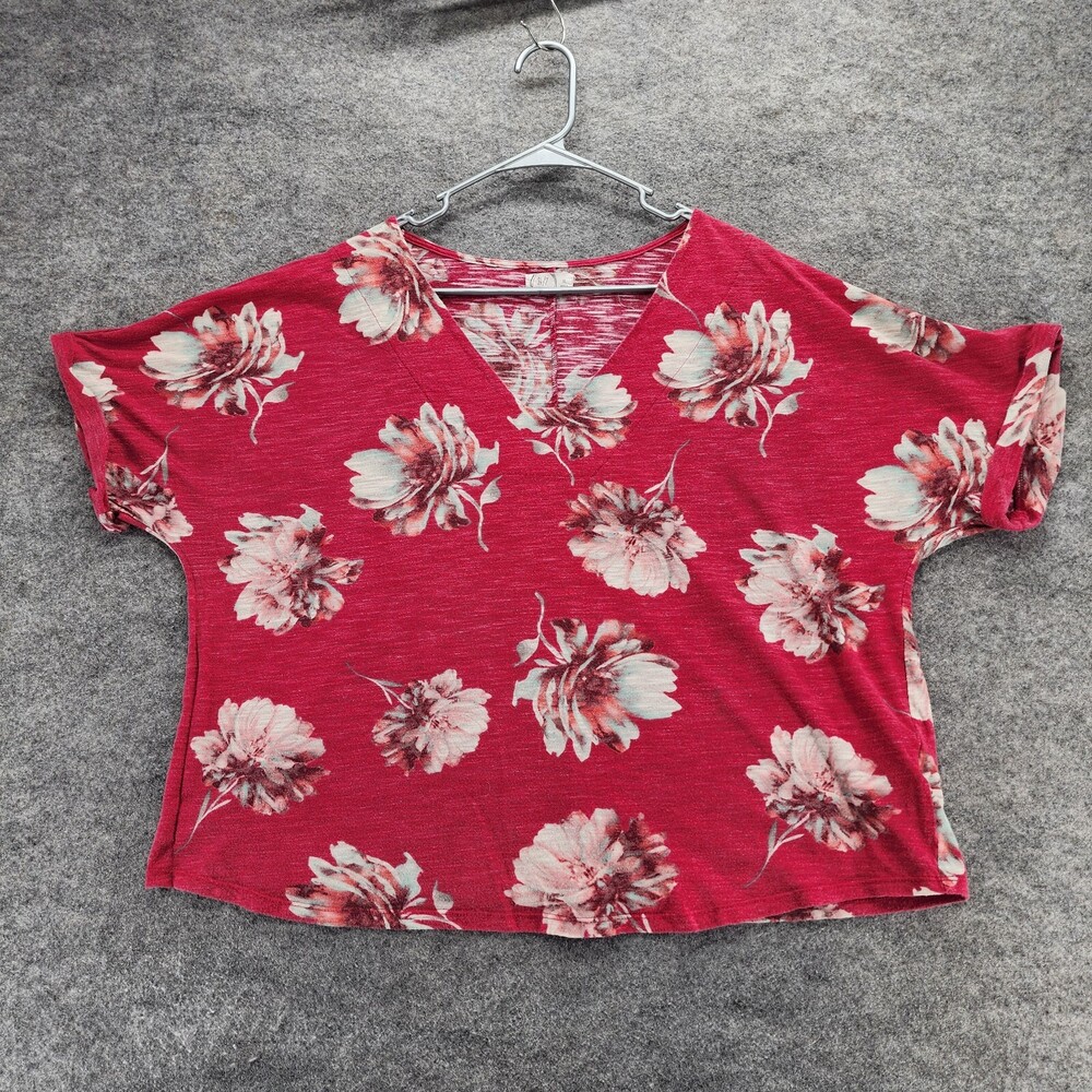 24/7 Maurices Shirt Womens XL Short Sleeve Red Floral V Neck